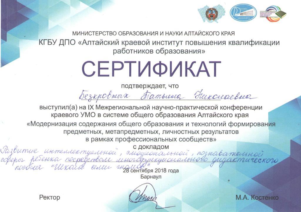 Сертификат Безродных Краевая конференция
